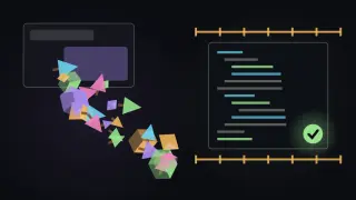 A pile of glossy low-poly game objects spills out of a chat window on one side, while on the other a tidy code editor sits inside a frame of guard rails with a green test checkmark.