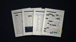 Four pages fanned across a dark drafting grid: lines of grey text with black redaction bars, a page with a small network diagram, a page ruled as a price table, and two round certification seals stamped on the last page.