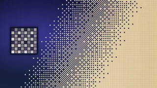 A deep indigo field on the left dissolves into a warm cream field on the right through a diagonal band of square pixels arranged in an ordered-dither checker pattern, with a magnified eight-by-eight grid of grey threshold cells floating over the indigo side.