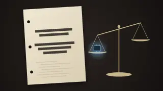 A cream hole-punched paper sheet with its lines of type replaced by dark blank bars lies on a dark desk beside a brass balance scale. One pan holds a small glowing microchip and hangs low; the other pan is empty and rides high.