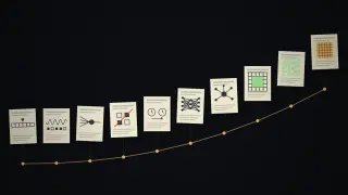 Ten paper sheets laid along a timeline from left to right, each with a tiny diagram: a tape with a read head, a signal wave, a single neuron, a crossed-out exclusive-or grid, clock arrows, a layered network, a web of linked nodes, a convolution grid, an attention matrix and a large glowing block.