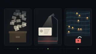 Three panels in a row: faded paper records drifting out of an old archive box, a single customer card lit up under a desk lamp beside an access log, and a delivery map pinned with location dots next to a padlock that hangs open.