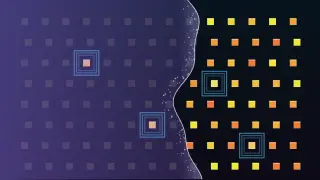 A grid of small square islands on dark water; a broad violet tide sweeps in from the left and dims the islands it covers, while a few islands ringed by wide square moats stay brightly lit, inside and outside the tide.