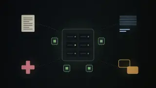 A small cube-shaped home server with glowing drive bays sits at the centre, with four small model chips orbiting it and lines running to a scanned page, a stack of article lines, a medical cross and two speech bubbles.