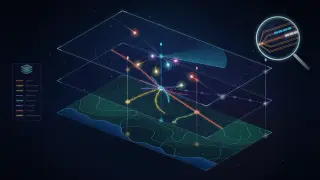 A rail network at night drawn as three translucent map sheets stacked in perspective: terrain with contour lines and a hatched coast at the bottom, colour-coded track and ringed stations in the middle, and glowing train dots with trails under a radar sweep on top, next to a magnifier over a yard.