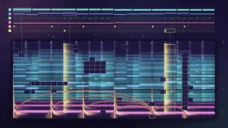A glowing pastel mel-spectrogram of two bars of music below a six-lane piano roll, its cells tinted by stem: peach kicks, pink bass, mint chords, blue lead and yellow snare. Some grid patches are masked out, and arcs link one masked kick to the other kicks.