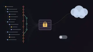 A project's file tree and a branching commit graph on the left feed many thin lines into a sealed box with a gold padlock; a dotted stream carries the box up to a cloud on the right, past a toggle switch set to off.
