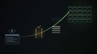 A rising curve of green dots climbs from a single watched terminal window on the left to a grid of many small agent windows on the right, passing through a checkmark gate and a layered wall of solid and dashed bars.