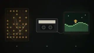 A panel of glowing amber vacuum tubes with patch cables, a VHS cassette in the centre, and a screen showing pixel-art hills and a small figure, all above one dotted timeline.