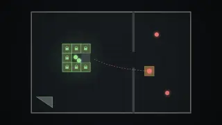 A top-down arena with grey walls: green hider dots shelter inside a fort of locked boxes while red seeker dots approach, one riding on top of a box, with a ramp locked against the far edge.