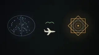 On the left, a network of connected blue nodes inside an oval divided down the middle like a brain; on the right, a glowing amber eight-pointed star of interlaced squares; between them, a bird in flight above an aeroplane over a dashed horizon line.
