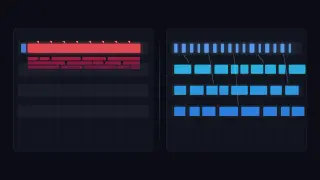 Two profiler-style timelines on a dark background. On the left, one main-thread lane is jammed by a single long red task with a stack of red calls beneath it while the lanes below sit idle. On the right, the same work is split into short blue blocks across a main lane and three worker lanes.