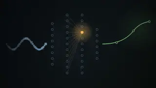 A wave of small blocks flows into a layered neural network in which one node glows amber; from the network, dashed forecast lines fan out and a solid green line rises through three marked points.