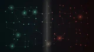 One network of nodes and links spans a dark canvas: on the left the nodes glow a calm teal, on the right a warning red, and a thin vertical seam of light runs down the middle where links cross from one side to the other.