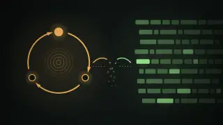 Abstract split illustration: an amber loop of action and consequence on the left, green streams of text tokens on the right, and a bridge between them that does not meet.