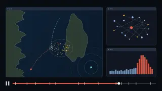 A notional operations screen: a sea map with an island, amber vessels in a dashed ring, a red dashed path forking at a white circle and a drone inside range rings; beside it a link graph and a histogram that spikes to the right; below, a scrub bar with timestamp ticks.