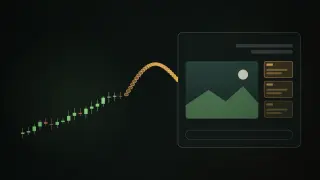 A rising green candlestick chart sends a stream of gold coins into a chat window that shows a generated landscape image beside three stacked amber tiles.