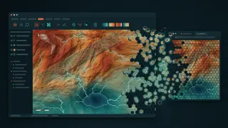 Illustration of a desktop GIS window with a ribbon of tool icons and a rust-orange and teal terrain map: hillshade, contours, pale blue rivers draining into a lake and a strip of LiDAR points. The map's right edge breaks into hexagonal tiles that fly into a browser window and rebuild the landscape.