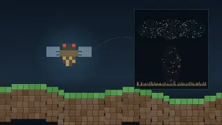 A blocky pixel fly with red eyes and clear wings hovers over green and brown voxel blocks; a dashed line links it to a dark panel showing a dotted map of a fly nervous system, optic lobes and brain above a nerve cord, with bright firing dots.