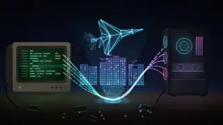 A dark workbench: an old CRT monitor shows glowing green lines like a disassembly listing, and dashed ribbons of light flow from it through a hologram projector into a modern PC tower with lit fans. Above the projector, a skyline of coloured tiles and a wireframe jet are being assembled.