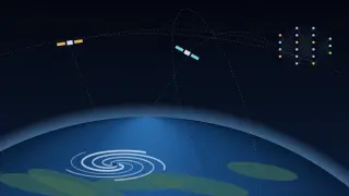 The curve of the Earth under a starry sky, with a white storm spiral over a blue ocean. A dotted geostationary arc and a tilted polar orbit each carry a small satellite, and dotted lines run from both down to the storm and across to a small layered network in the top-right corner.