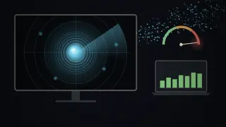 A huge monitor filled with a glowing pulsing orb and a radar sweep sits beside a small laptop showing a plain bar chart, while a swarm of tiny agent dots streams past a token meter pinned in the red and off the edge of the frame.