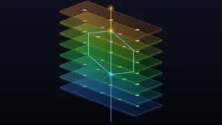 Eight translucent slabs stacked in isometric view on a dark background, shading from warm orange at the top to cool blue at the base, with a glowing line that drops through them, splits into three paths across the middle layers and rejoins below.