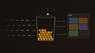 On a dark grid, rows of requests arrive from the left at a bucket half full of amber hexagonal tokens. A new token drops in below a row of clock ticks, green arrows leave on the right, and one request waits by a small clock. On the far right, coloured tiles snap into an app window.