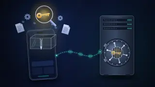 Illustration: a phone holds a transparent glass box with a zip seam, opened like an exploded diagram. Documents, gears and a glowing key float above it, the key ringed by a magnifying lens. A dashed line carrying token chips runs to a server vault, where another key sits locked behind bars.
