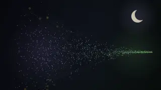 A wide cloud of violet sample points narrows from left to right into a thin bright green line, with ringed outlier points fading out and a crescent moon above.