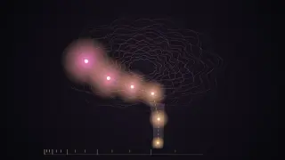 A side-on brain drawn as nested, wavy pink contour lines; a dotted chain of glowing pulses climbs from the brainstem at the bottom, through the side of the brain and forward to the front, growing larger and rosier as it goes, above a row of time ticks spaced further apart.