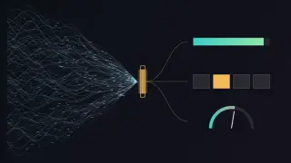 On the left, a dense tangle of thin pale-blue wavy lines and dashes converges on a narrow glowing amber gate; three thin curves leave it to the right and end in a nearly full teal progress bar, a row of four boxes with one lit amber, and a half-circle gauge with a needle.