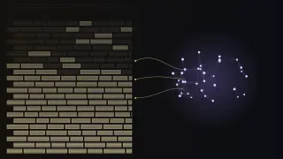 A towering wall of tan text bricks fills the left, its top rows fading into faint echoes; three thin golden strands run from the wall to a small glowing cluster of violet neurons on the right.