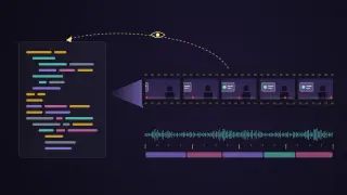 A dark code panel of coloured, indented bars beams into a filmstrip of five frames in which a glass card slides in beside a silhouette and a red dot moves along. Below are a waveform, beat ticks and clip blocks; a dashed arrow with an eye loops from the frames back to the code.