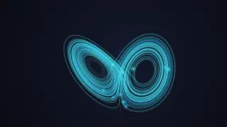Ten glowing teal and blue curves trace the two looping lobes of a Lorenz attractor on a dark background, seen from a slightly turned 3D angle with faint axes, each curve ending in a soft glowing dot.