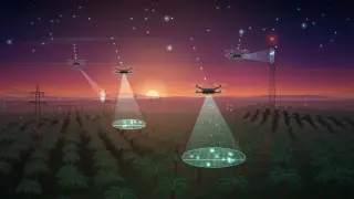 Illustration of an oil palm plantation at dusk: rows of palms run towards a low sun, with a lattice telecom tower on a rise and pylons along a cleared strip. Four quadcopter drones cast teal scanning cones onto the palms, the tower and a pylon, linked to a glowing network in the sky.