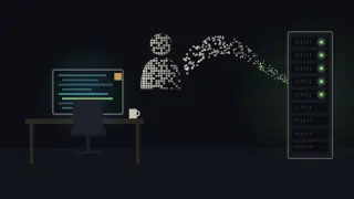 An empty office desk with a glowing monitor and a swivel chair; above it a human silhouette dissolves into a stream of pixels that flows into a server rack with five green status lights.
