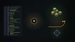 A panel of disassembly-style coloured bars feeds an amber hexagonal node, which connects to a cluster of grass-topped voxel cubes, a skate ramp with a skateboard, and a blue crosshair.