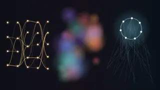 Three zones from left to right: a layered circuit of amber nodes joined by curved wires of varying weight; a blur of soft red, orange, blue, violet and green clouds; and a small bright ring of seven nodes floating above a dim sea of tiny blue dots, with thin threads reaching down into it.