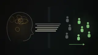 On the left, a tangle of looping lines inside a head-shaped outline; a band of text lines passes through a narrow gate to a group of figures on the right, who shift from grey to green as they cross a dashed boundary.