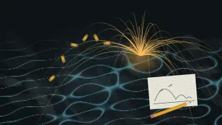 Rippling light patterns from water shimmer across a dark stone floor while bright sparks and tumbling shell casings arc through the air on curved paths; in the corner a pencil rests on a sheet of graph paper with a hand-drawn sketch.