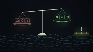 A balance scale tips over choppy waves: one pan holds icons for jobs, security and childhood, the other holds icons for health, farming and learning, while a fenced green reserve with a small human figure sits on the shore.
