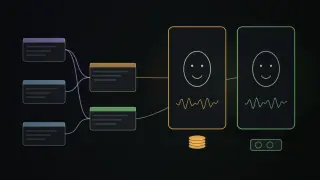 A node graph of rounded boxes joined by curved cables leads into two side-by-side vertical video frames, one marked with a coin stack and one with a small GPU card, each showing a simple face outline.