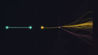 On a dark grid, a teal line runs straight between two glowing nodes. To its right, an amber line leaves one node, reaches a marked fork, then splits into a thick bundle of amber paths and a thin pink branch, both fraying into dozens of diverging lines.