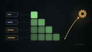 Four coloured word tiles connect to the rows of a four-by-four grid of green cells whose upper-right triangle is dark and crossed out; beside it, an amber arrow curves from a green point up to a gear, away from a faint bird outline.