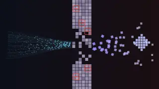 A stream of small cyan dots flows from the left toward a tall wall of lavender pixel tiles marked with red stop stamps; the wall has a ragged gap in the middle, and on the right loose violet tiles drift through it and reassemble into a pixel diamond.