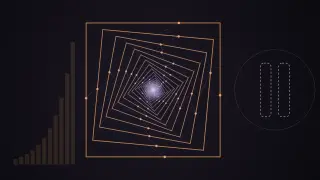 Square frames spiral inward on a dark background, shading from amber to pale violet, with small dots on each frame reaching in to the next and a bright core at the centre; faint bars rise steeply on the left, and on the right a pause symbol is drawn only as a dashed outline inside a thin circle.