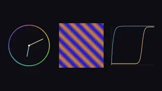 On the left, 113 small coloured dots form a clock face with two hands; in the middle, a square of diagonal orange and blue stripes; on the right, one curve shoots up at once while a second stays flat along the floor for a long time, then jumps to the top.