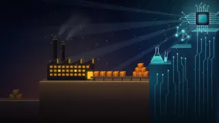 A staircase of blocks under a night sky. On a long, dim middle step, a saw-tooth factory with lit windows and smoking chimneys feeds a conveyor of identical orange boxes that pile up against a tall wall. The higher steps glow cyan with circuit traces, a flask, a molecule and a radiant microchip.