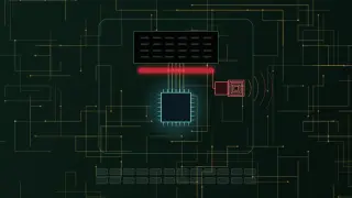 A dark green circuit board with copper traces. Inside a device outline, a cyan-lit chip sits below a small blank display, while a glowing red strip hidden under the display taps its data lines and leads to a coiled antenna sending out red signal arcs. Two rows of blank tiles run along the bottom.